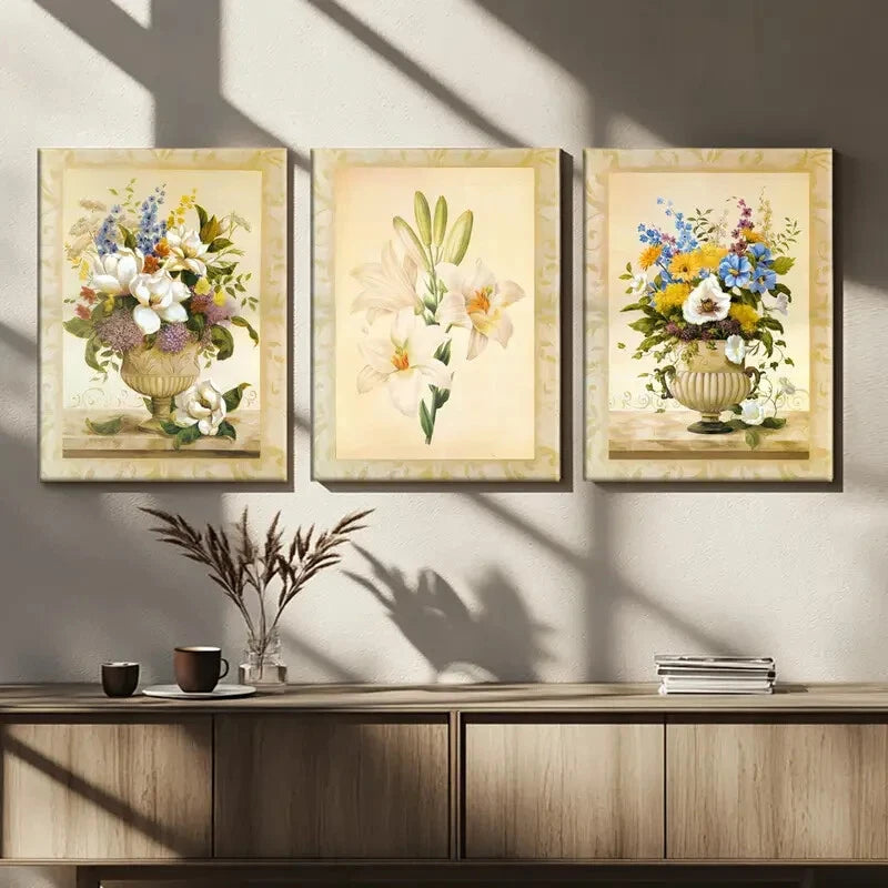 3pcs Beautiful Florals Modern Flower Vase White Wall Art Set Canvas Framed 40x60cm - High Quality Print 100% Australian Made Wall Canvas Ready to Hang