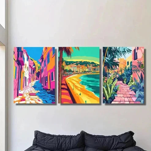 3pcs Colorful Ocean Beach City Landscape Wall Art Set Canvas Unframed - High Quality Print 100% Australian Made Wall Canvas