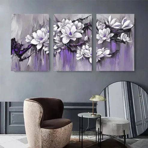 3pcs Purple Magnolia Flowers Blossoms Perfect Wall Art Set Canvas Unframed - High Quality Print 100% Australian Made Wall Canvas