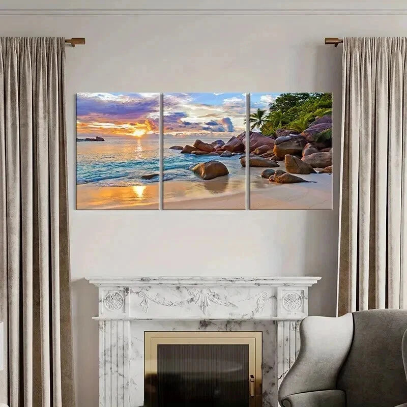 3pcs Beach Landscape with Palm Trees & Rocks Wall Art Set Canvas Framed 40x60cm - High Quality Print 100% Australian Made Wall Canvas Ready to Hang