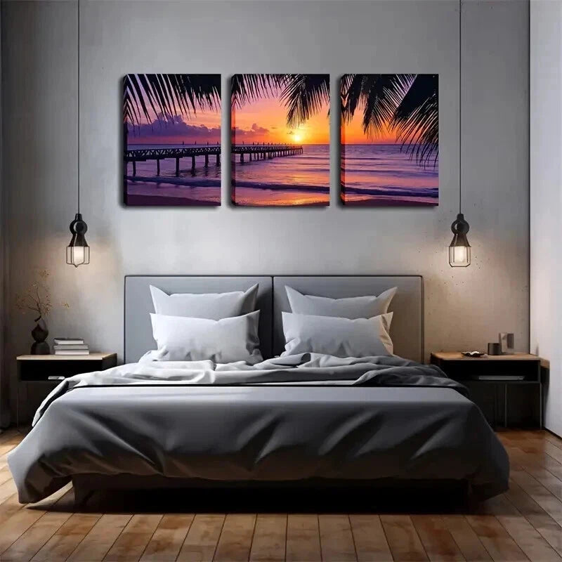 3pcs Coastal Beach Sunrise Oil Painting Wall Art Set Canvas Framed 40x60cm - High Quality Print 100% Australian Made Wall Canvas Ready to Hang