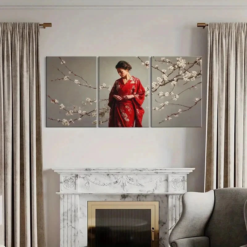 3pcs Woman In Red Kimono, Cherry Blossoms Wall Art Set Canvas Framed 60x90cm - High Quality Print 100% Australian Made Wall Canvas Ready to Hang