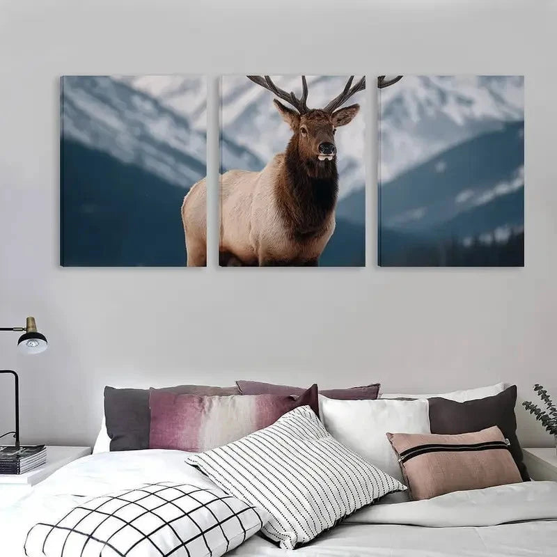 3pcs An Elk standing in the snow Wall Art Set Canvas Framed 60x90cm - High Quality Print 100% Australian Made Wall Canvas Ready to Hang