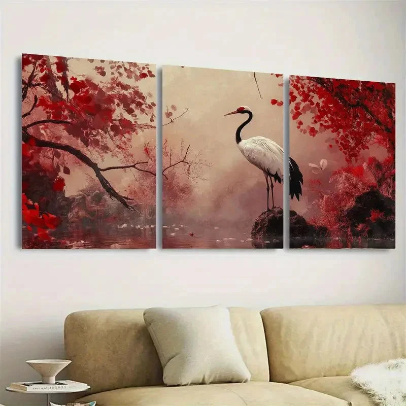 3pcs Oriental Crane Wall Art Set Canvas Framed 50x70cm - High Quality Print 100% Australian Made Wall Canvas Ready to Hang
