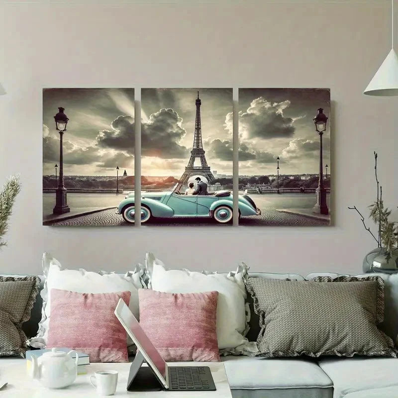 3pcs Eiffel Tower Vintage Car Wall Art Set Canvas Framed 60x90cm - High Quality Print 100% Australian Made Wall Canvas Ready to Hang