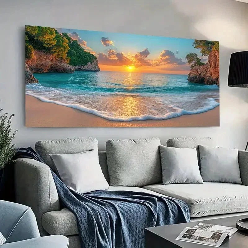 Vibrant Sunset Beach Sky wall canvas office home room framed 120x60cm