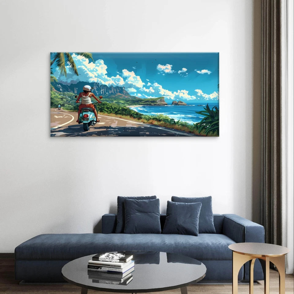 Scooter Rider on a Coastal Road Wall Art Canvas Office Home Framed 120x60cm