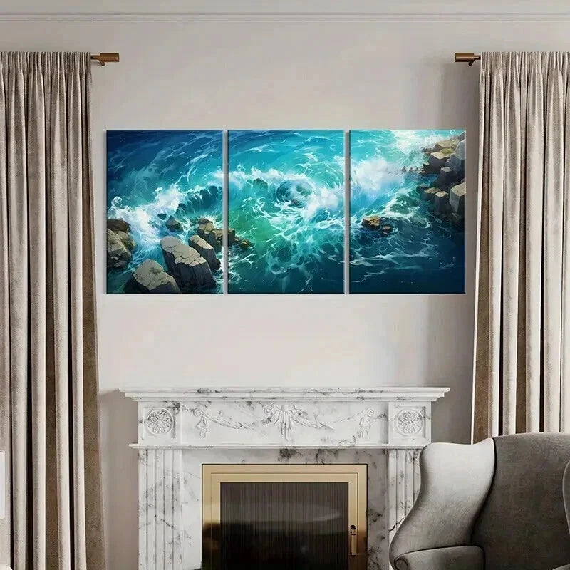 3pcs Anime Style Sea Waves & Rocks Wall Art Set Canvas Framed 40x60cm - High Quality Print 100% Australian Made Wall Canvas Ready to Hang