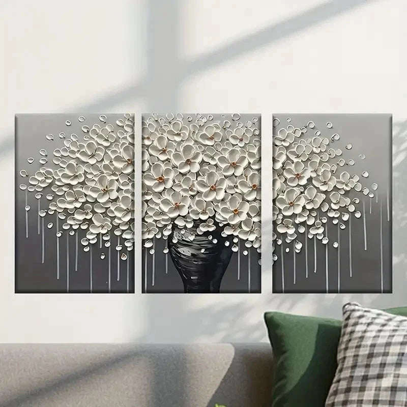 3pcs White Flower Vase Design Wall Art Set Canvas Framed 50x70cm - High Quality Print 100% Australian Made Wall Canvas Ready to Hang