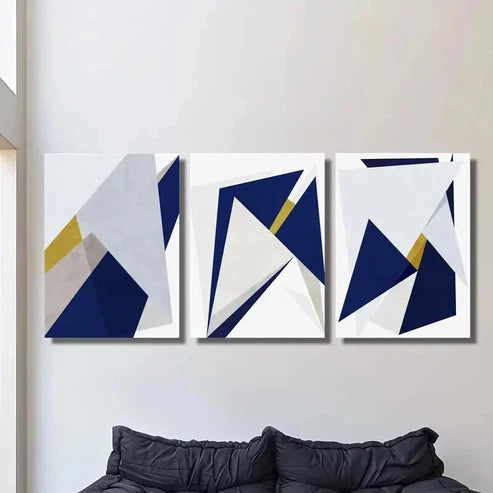 3pcs Geometric Golden and Blue Triangle Design Wall Art Canvas Unframed - High Quality Print 100% Australian Made Wall Canvas
