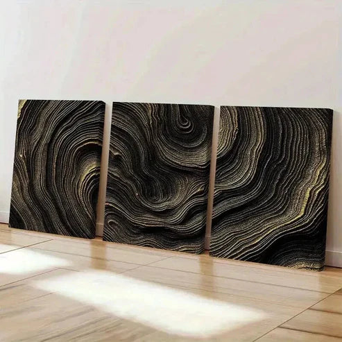 3pcs Black and Golden Abstract Wave Pattern Art Set Canvas Unframed - High Quality Print 100% Australian Made Wall Canvas