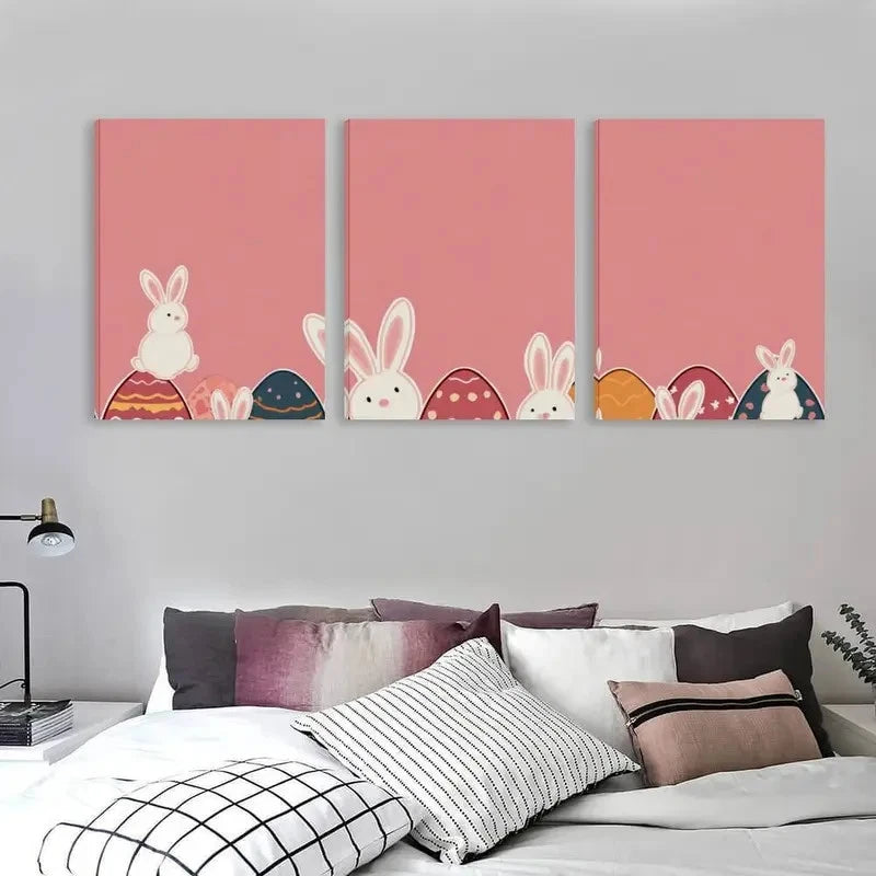 3pcs Easter Bunny & Pastel Pink Wall Art Set Canvas Framed 60x90cm - High Quality Print 100% Australian Made Wall Canvas Ready to Hang