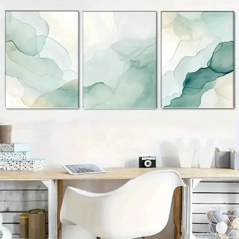 3pcs Elegant Green Abstract Watercolor Painting Wall Art Set Canvas Framed 50x70cm - High Quality Print 100% Australian Made Wall Canvas Ready to Hang