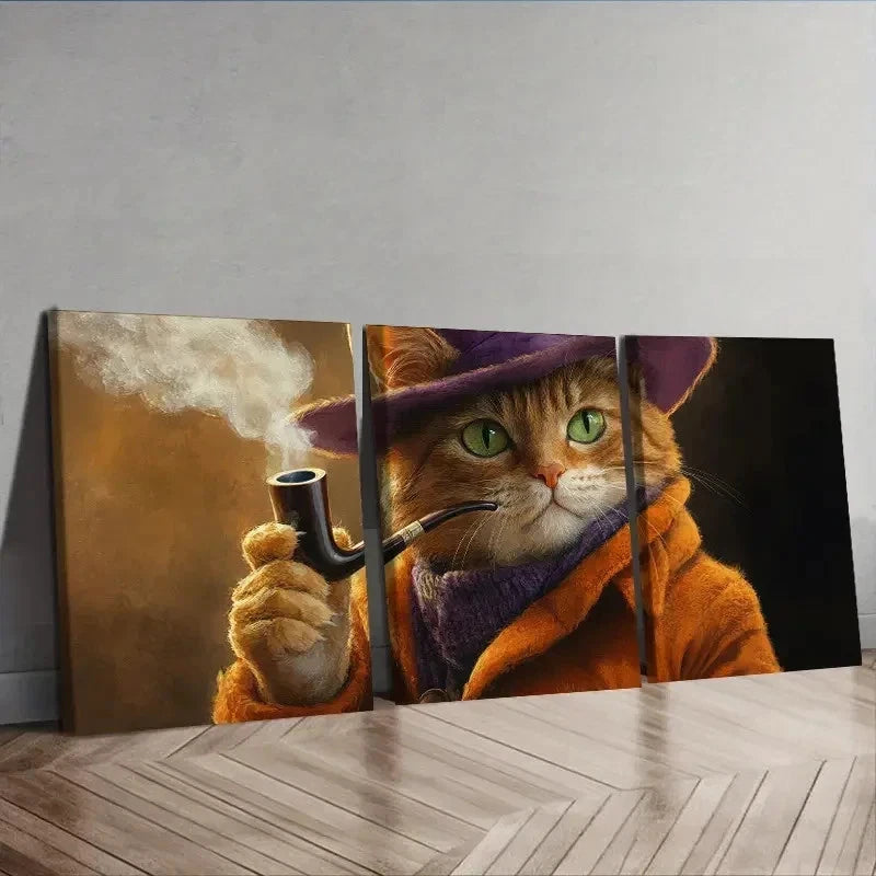 3pcs Featuring a Cat with a Pipe Wall Art Set Canvas Framed 40x60cm - High Quality Print 100% Australian Made Wall Canvas Ready to Hang