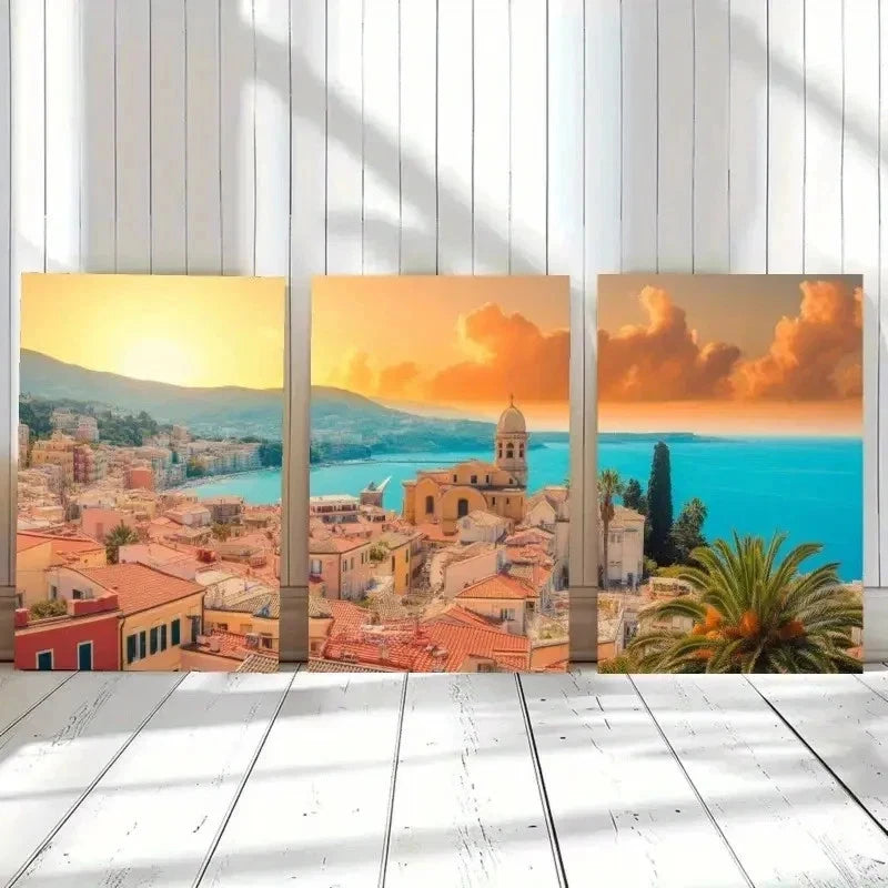 3pcs Mediterranean Coastal Cityscape Wall Art Set Canvas Framed 40x60cm - High Quality Print 100% Australian Made Wall Canvas Ready to Hang