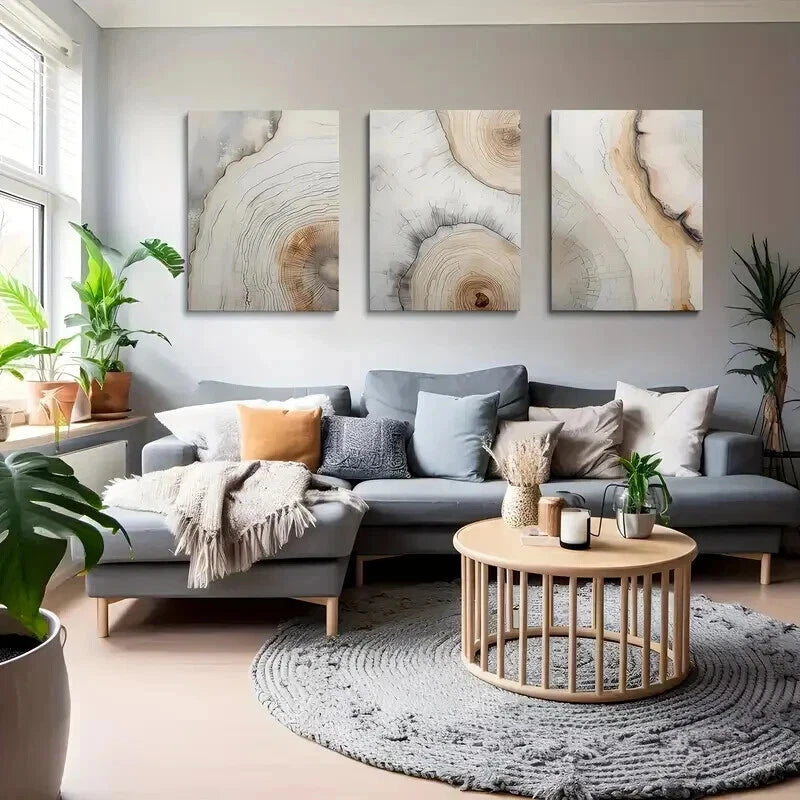 3pcs Geometric Neutral Tree Ring Patterns Wall Art Set Canvas Framed 40x60cm - High Quality Print 100% Australian Made Wall Canvas Ready to Hang