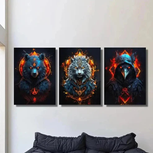 3pcs Fantasy Golden Red Flaming Ferocious Animal Wall Art Canvas Unframed – High Quality Print 100% Australian Made Wall Canvas