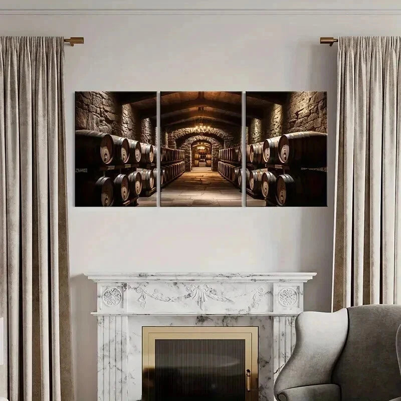 3pcs Wine Barrels Stone Walls Decoration Wall Art Set Canvas Framed 40x60cm - High Quality Print 100% Australian Made Wall Canvas Ready to Hang