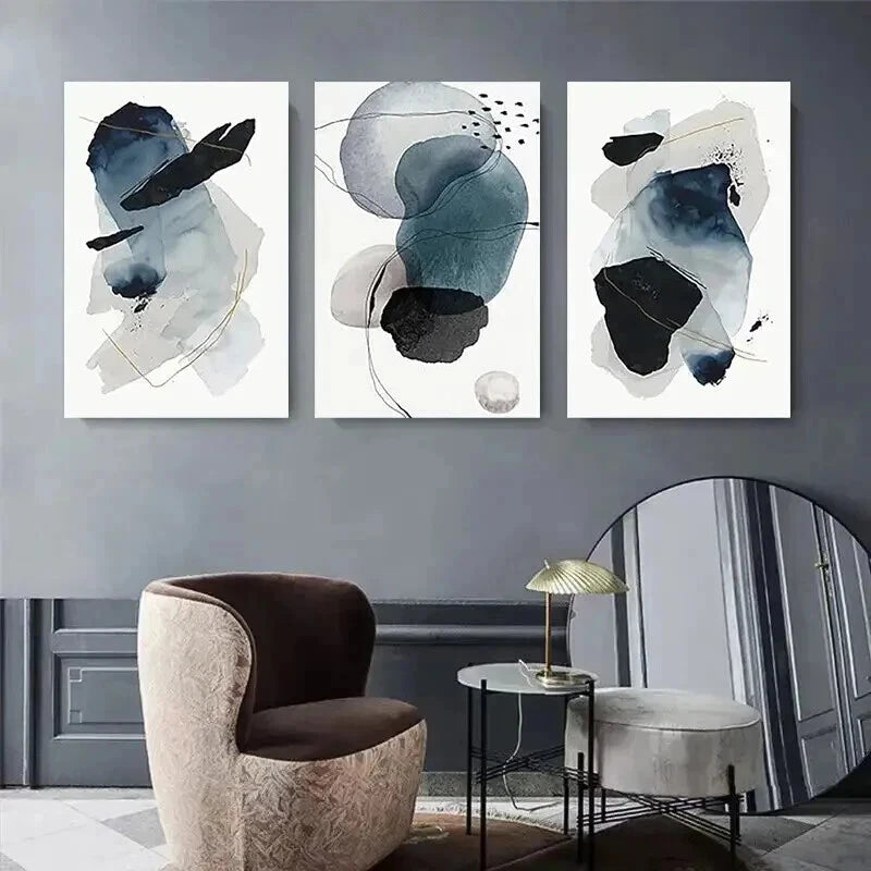 3pcs Blue & Black Shapes with Golden Accents Wall Art Set Canvas Framed 40x60cm - High Quality Print 100% Australian Made Wall Canvas Ready to Hang
