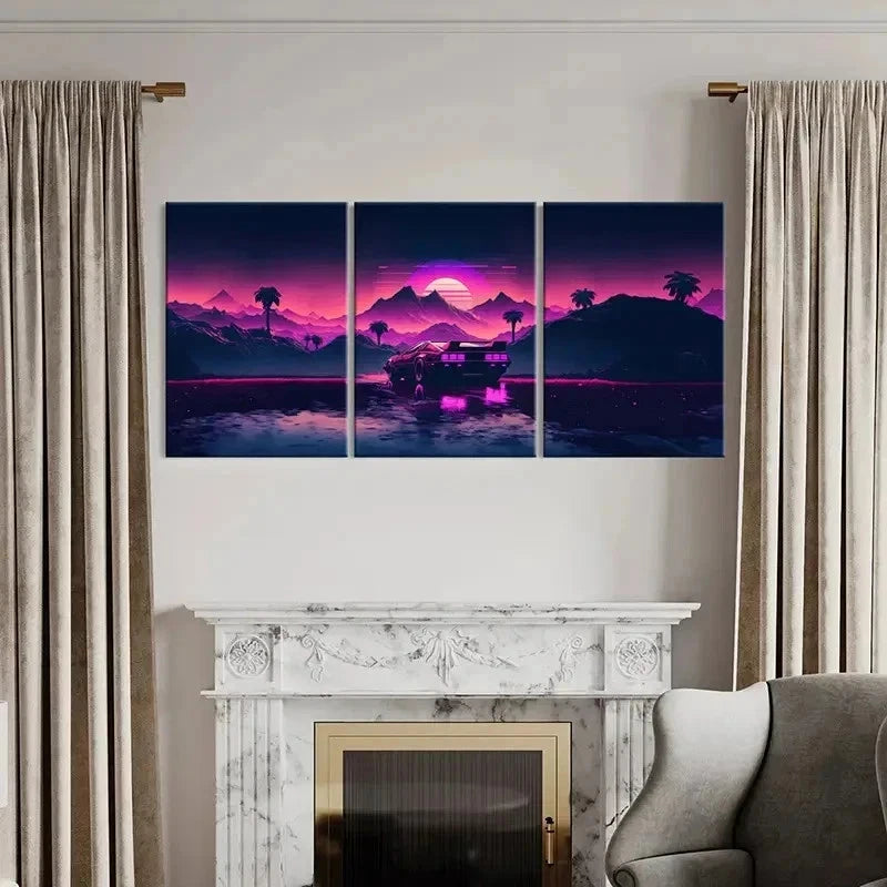 3pcs Vibrant Vaporwave & Cyberpunk Car Wall Art Set Canvas Framed 40x60cm - High Quality Print 100% Australian Made Wall Canvas Ready to Hang