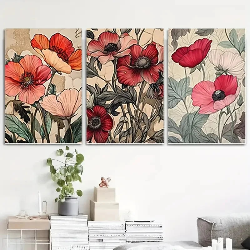 3pcs Floral Bouquet Red Flowers RF Wall Art Canvas Framed 40x60cm - High Quality Print 100% Australian Made Wall Canvas Ready to Hang
