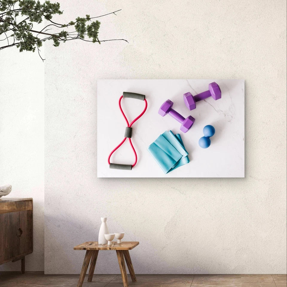 Fitness Equipment Flat Lay 5mm Plastic 5mm Plastic Poster Ready to Hang 90x60cm