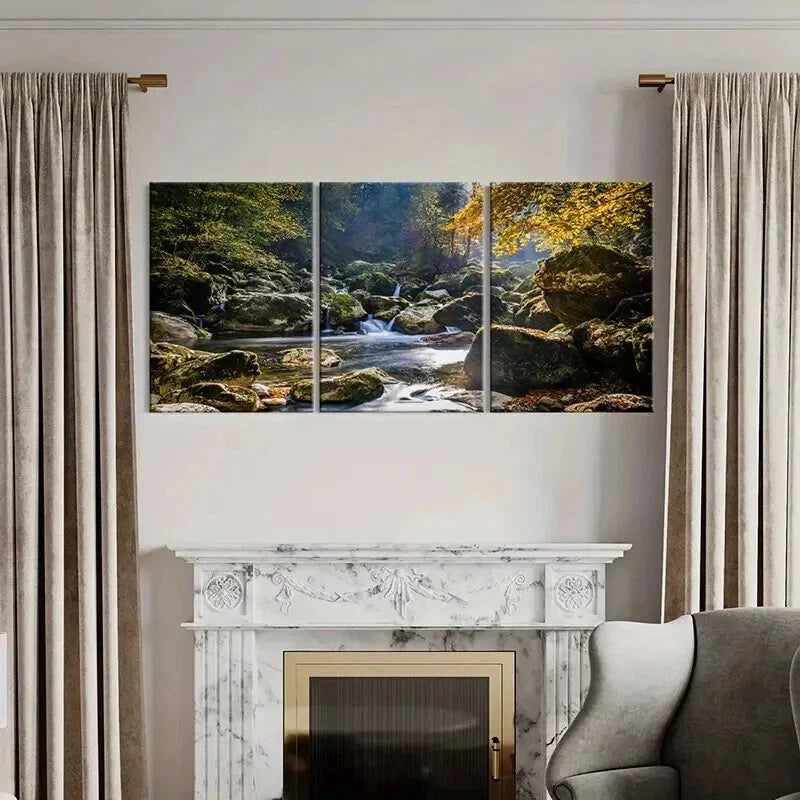 3pcs Autumn Forest River Stone Modern Wall Art Set Canvas Framed 40x60cm - High Quality Print 100% Australian Made Wall Canvas Ready to Hang