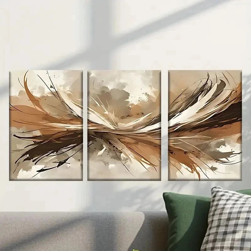 3pcs Beige & Brown Bird with Feathers Wall Art Set Canvas Framed 40x60cm - High Quality Print 100% Australian Made Wall Canvas Ready to Hang