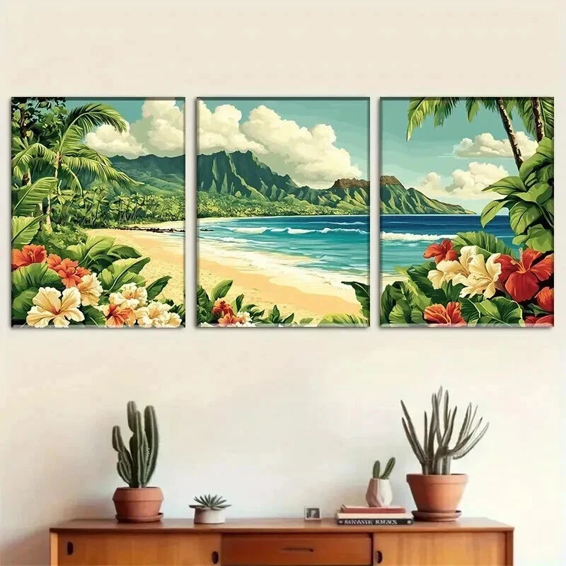 3pcs Hibiscus Flowers & Ocean View Perfect Wall Art Set Canvas Framed 40x60cm - High Quality Print 100% Australian Made Wall Canvas Ready to Hang