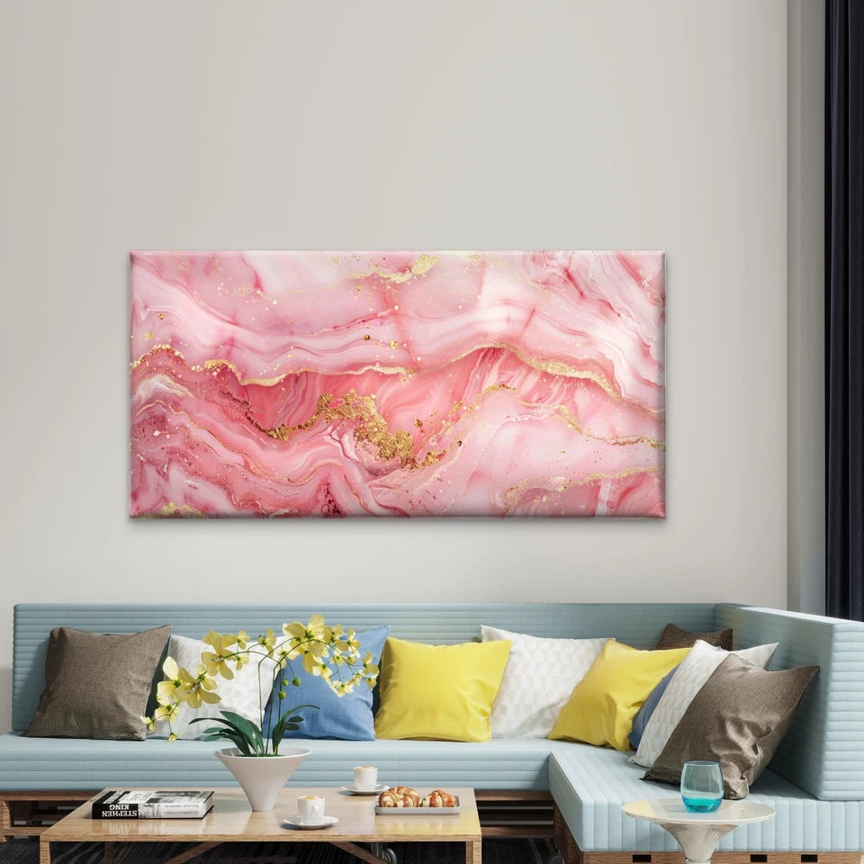 Rose Quartz Gold Abstract Wall Art Canvas Office Home Room Framed 120x60cm
