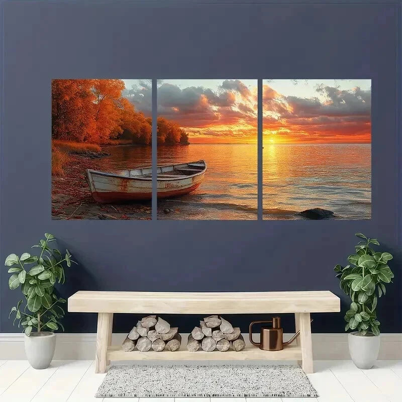 3pcs Serene Lake Scenery with Wooden Boat Wall Art Set Canvas Framed 40x60cm - High Quality Print 100% Australian Made Wall Canvas Ready to Hang