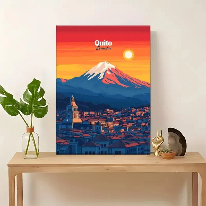 Quito Ecuador Landscape with Cotopaxi Volcano Travel Poster Print Wall Art