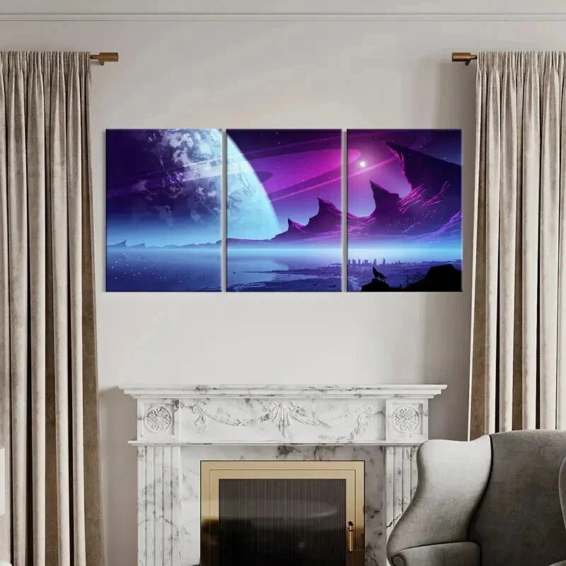 3pcs Fantasy Landscape Art Island & Howling Wolf Wall Art Set Canvas Framed 60x90cm - High Quality Print 100% Australian Made Wall Canvas Ready to Hang