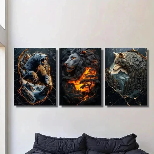 3pcs Statues of Lion Bear and Wolf Wall Art Set Canvas Unframed - High Quality Print 100% Australian Made Wall Canvas