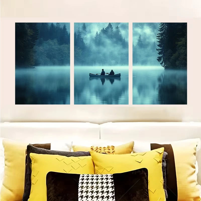 3pcs Misty Lake Blue Green Atmosphere Wall Art Set Canvas Framed 60x90cm - High Quality Print 100% Australian Made Wall Canvas Ready to Hang