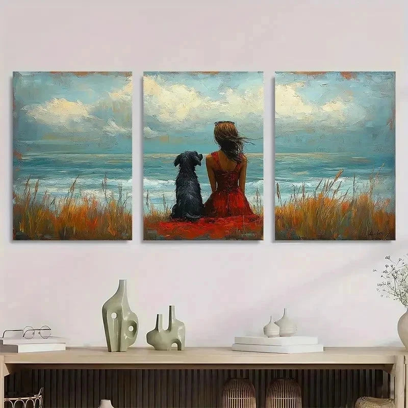 3pcs Whimsical Seaside Women With Dog Perfect Wall Art Set Canvas Framed 40x60cm - High Quality Print 100% Australian Made Wall Canvas Ready to Hang