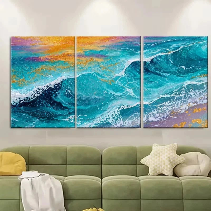 3pcs Golden Sunset Texture, Sunset Ocean Wall Art Set Canvas Framed 60x90cm - High Quality Print 100% Australian Made Wall Canvas Ready to Hang