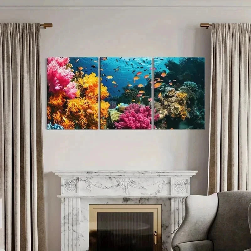 3pcs Vibrant Coral Colorful Fish Underwater Life Wall Art Set Canvas Framed 40x60cm - High Quality Print 100% Australian Made Wall Canvas Ready to Hang