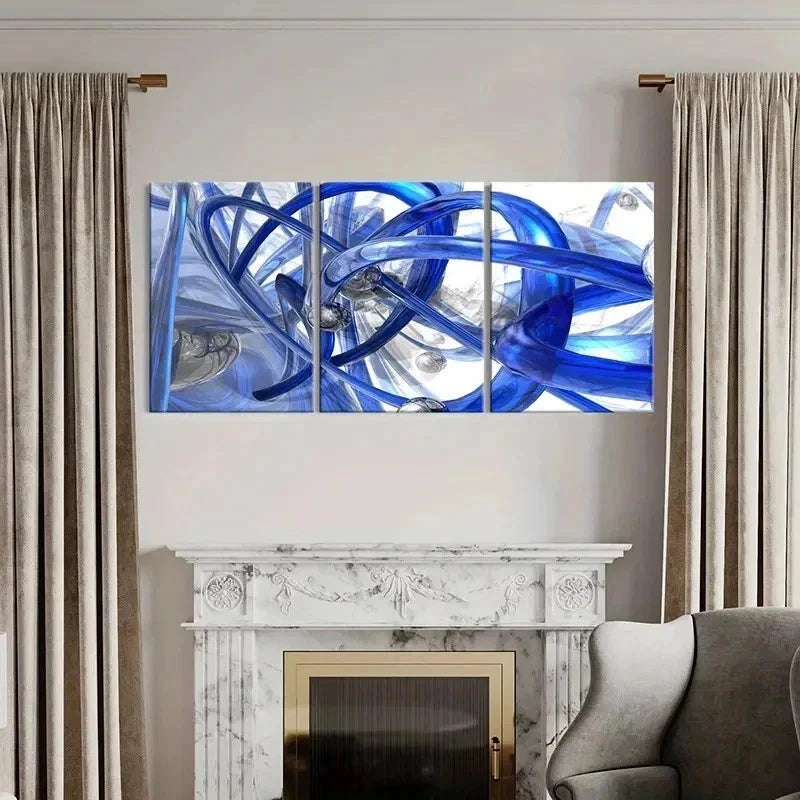 3pcs Abstract Blue Pipe with Silvery Marbles Wall Art Set Canvas Framed 40x60cm - High Quality Print 100% Australian Made Wall Canvas Ready to Hang