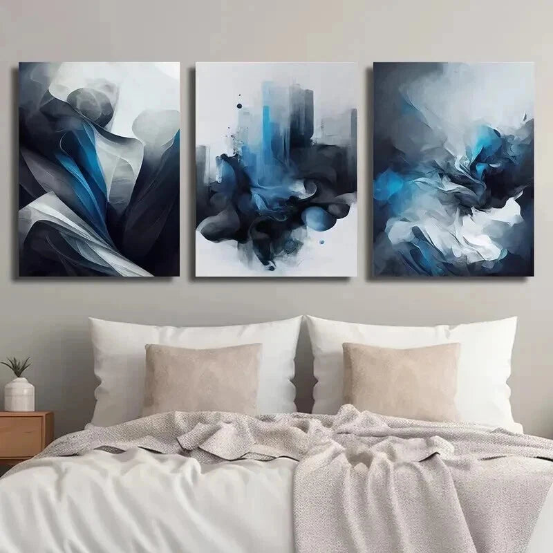 3pcs Modern Minimalist Blue and Gray Abstract Wall Art Set Canvas Framed 40x60cm - High Quality Print 100% Australian Made Wall Canvas Ready to Hang