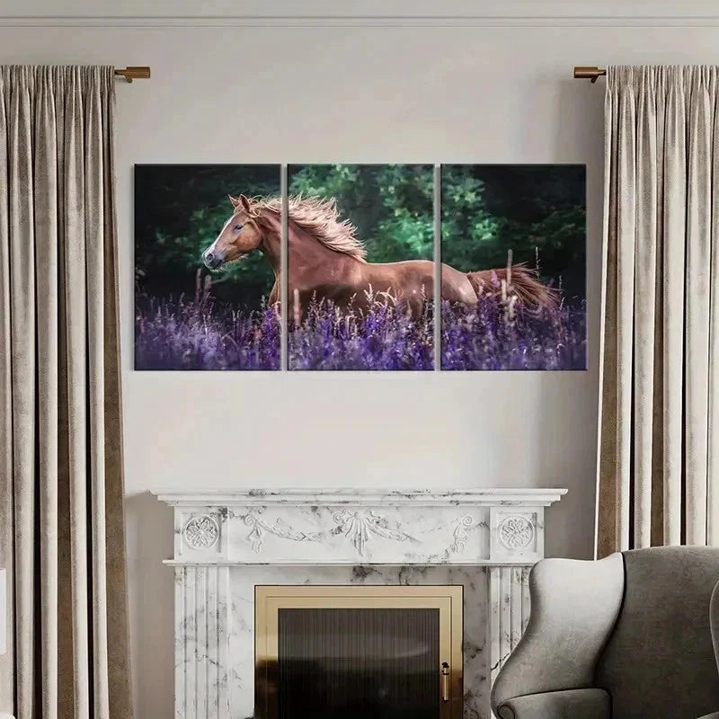 3pcs Horse in Lavender Bush Modern Wall Art Set Canvas Framed 40x60cm - High Quality Print 100% Australian Made Wall Canvas Ready to Hang