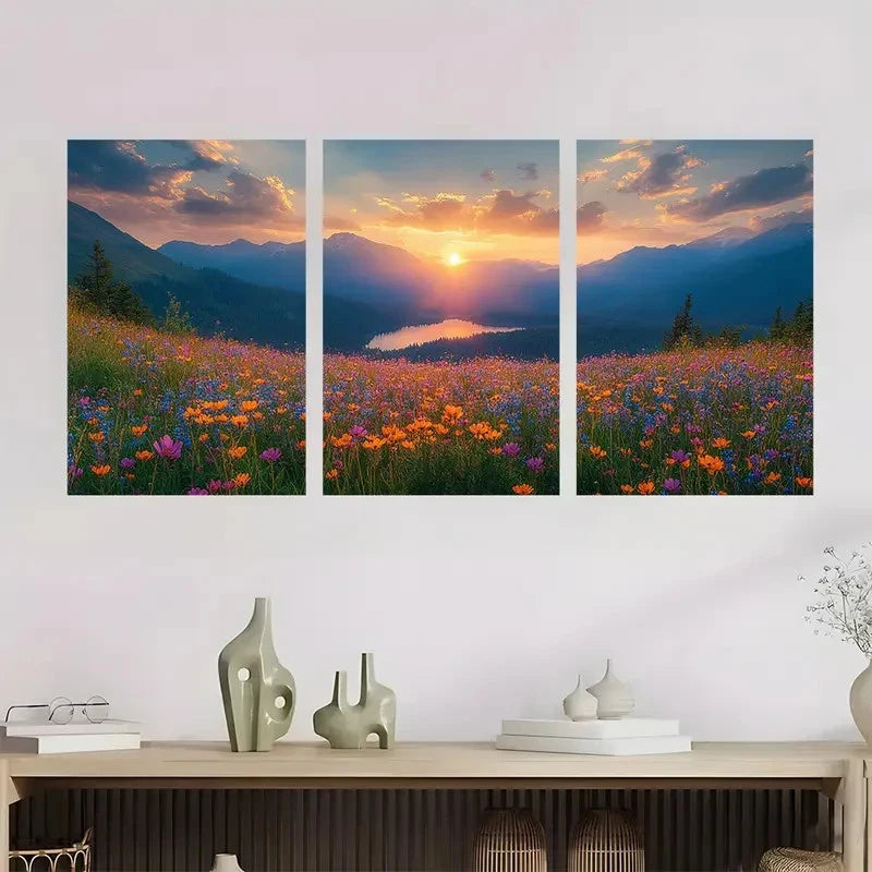 3pcs Serene Wildflower Landscape Wall Art Set Canvas Framed 50x70cm - High Quality Print 100% Australian Made Wall Canvas Ready to Hang