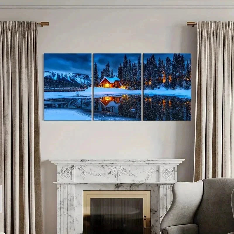 3pcs Winter Decoration Lake House Snow Scenery Wall Art Set Canvas Framed 40x60cm - High Quality Print 100% Australian Made Wall Canvas Ready to Hang