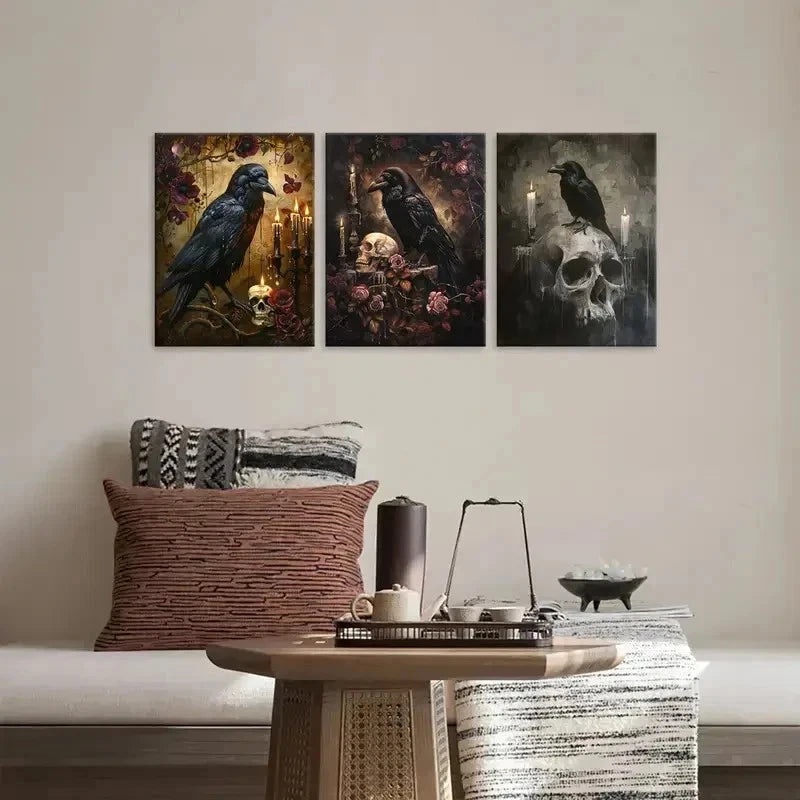 3pcs Crow Skull Wall Art Canvas Wall Art Set Canvas Framed 40x60cm - High Quality Print 100% Australian Made Wall Canvas Ready to Hang
