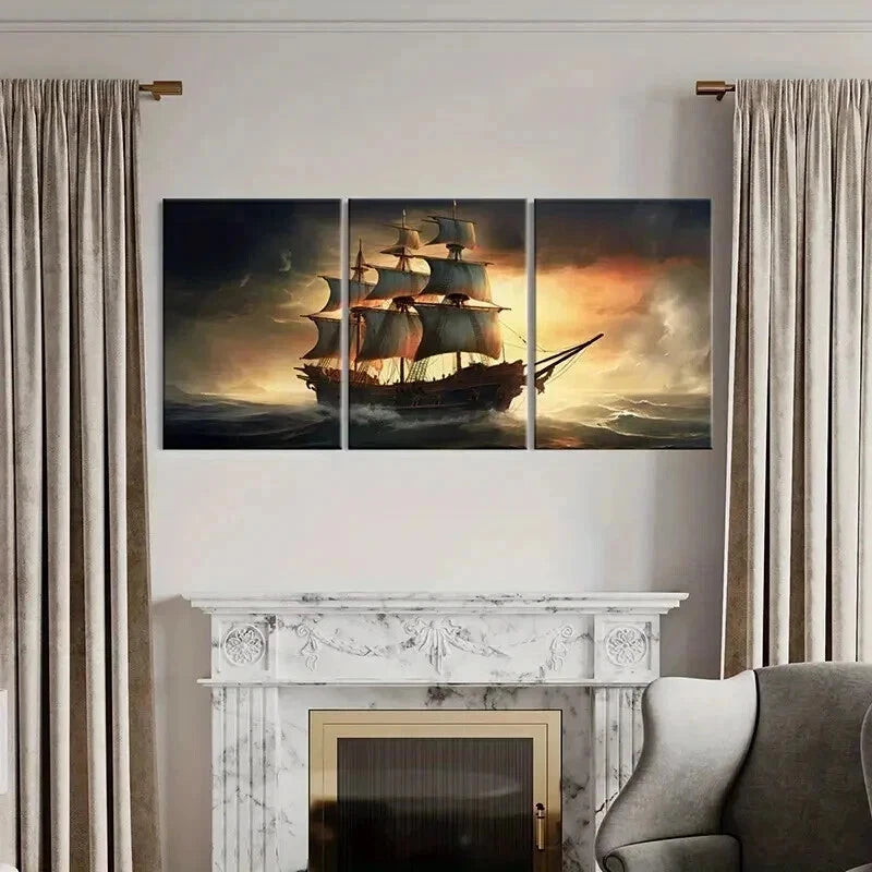 3pcs Sailing Ship in Stormy Seas Painting Wall Art Set Canvas Framed 40x60cm - High Quality Print 100% Australian Made Wall Canvas Ready to Hang