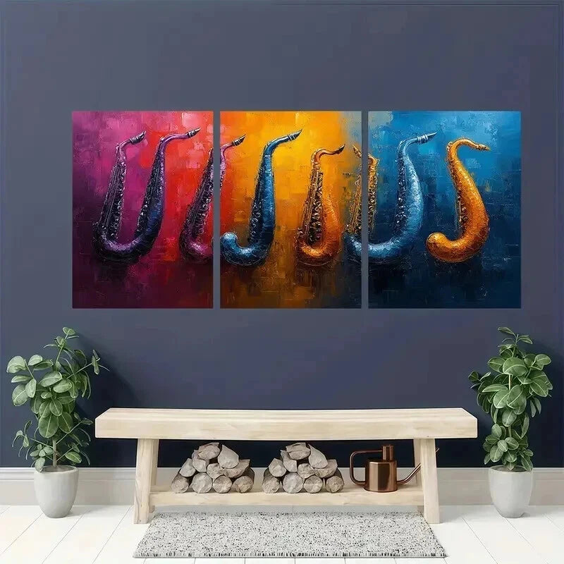 3pcs Vibrant Saxophone In Purple Orange & Blue Wall Art Set Canvas Framed 40x60cm - High Quality Print 100% Australian Made Wall Canvas Ready to Hang