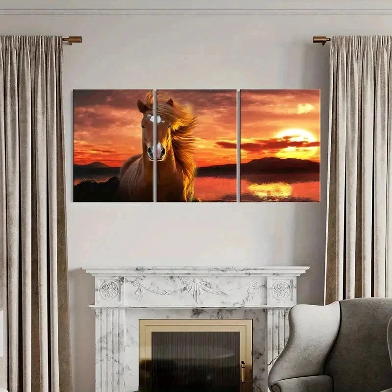 3pcs Vintage Hairy Horse at Sunset Wall Art Set Canvas Framed 40x60cm - High Quality Print 100% Australian Made Wall Canvas Ready to Hang