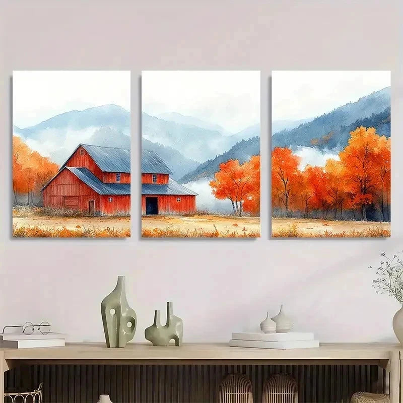 3pcs Orange Fall Leaves & Misty Blue Perfect Wall Art Set Canvas Framed 40x60cm - High Quality Print 100% Australian Made Wall Canvas Ready to Hang