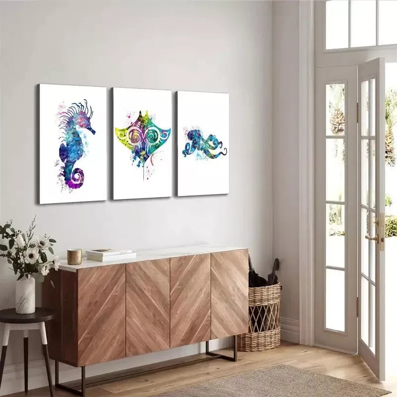 3pcs Whale Sea Horse Octopus Fish Watercolor Wall Art Set Canvas Framed 50x70cm - High Quality Print 100% Australian Made Wall Canvas Ready to Hang - Bella Home Decor