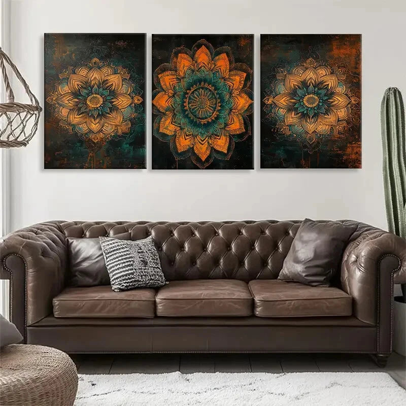 3pcs Mandala Flower Floral Mandala Teal Perfect Wall Art Set Canvas Framed 60x90cm - High Quality Print 100% Australian Made Wall Canvas Ready to Hang